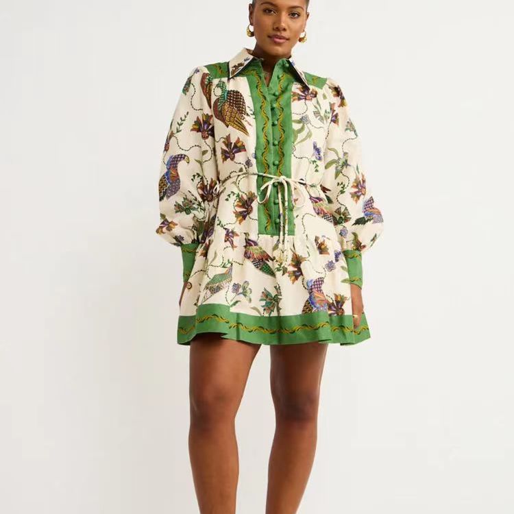 Single-breasted Long Lantern Sleeve Iti Printing Dress