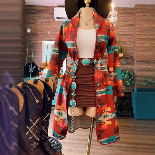Women's Western Style Printed Hemming Mid-length Woolen Coats