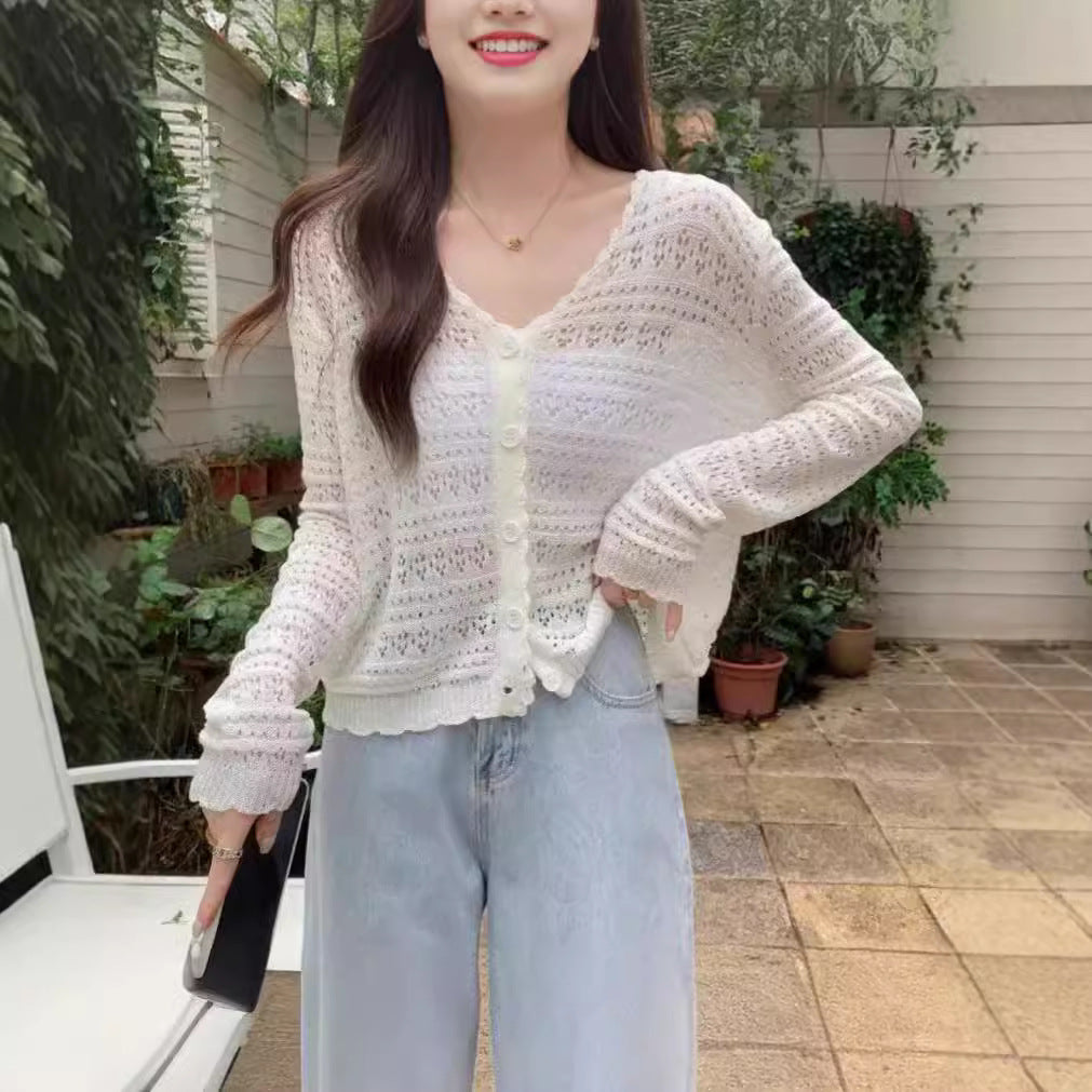 Women's Hollow Sun Protection Shawl Outer Match Long Sleeve Office Ice Women's T-shirt