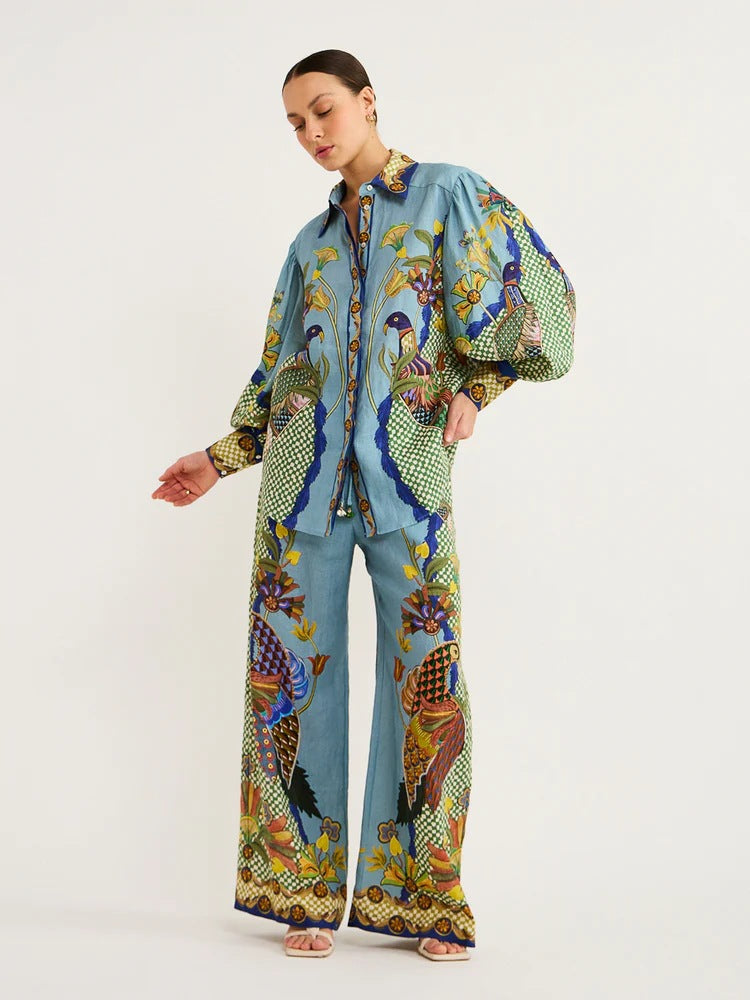 Women's Personalized Printed Puff Sleeve Vacation Lace Fashion Casual Suit