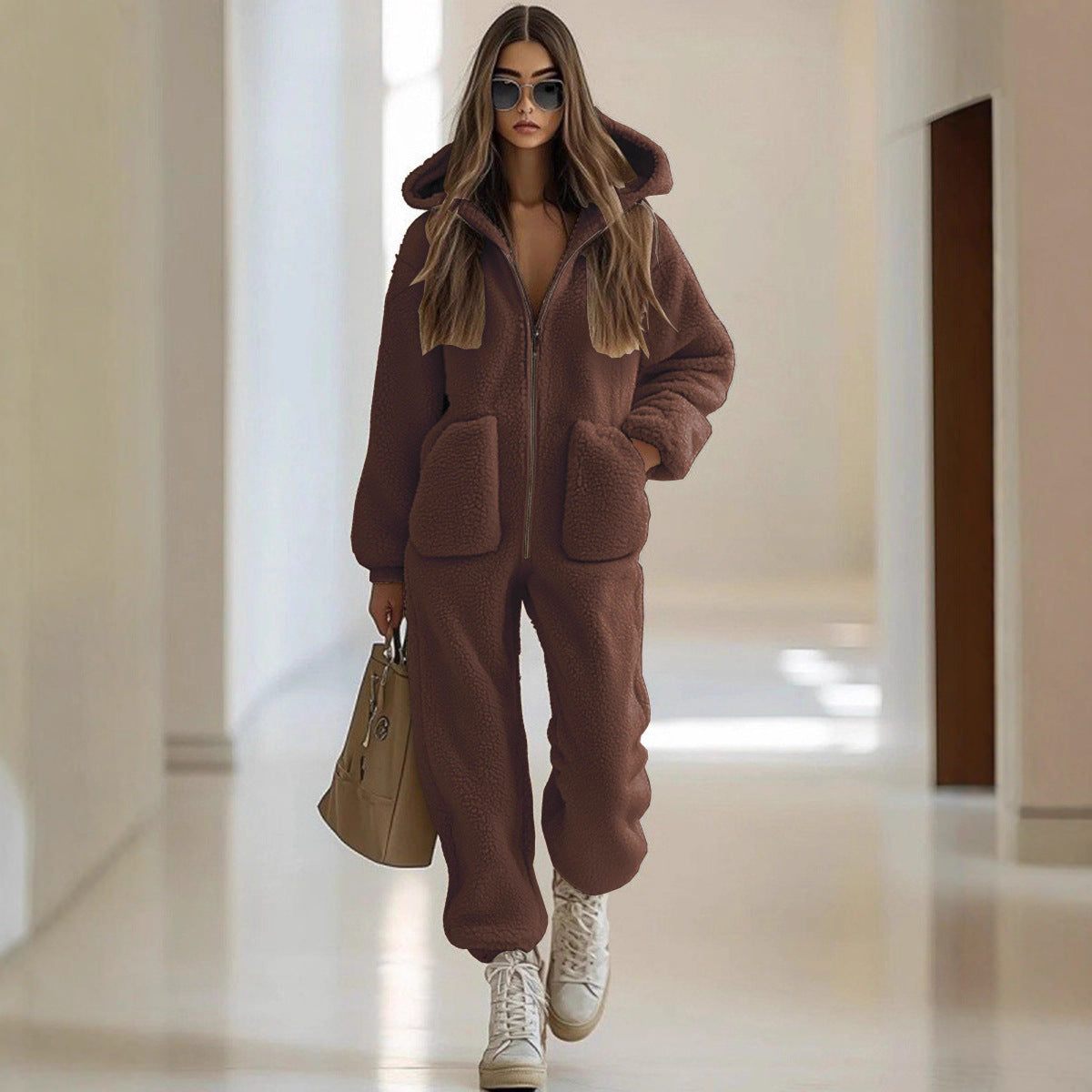 Women's Hooded Pocket Decoration Loose Straight Plush Jumpsuits