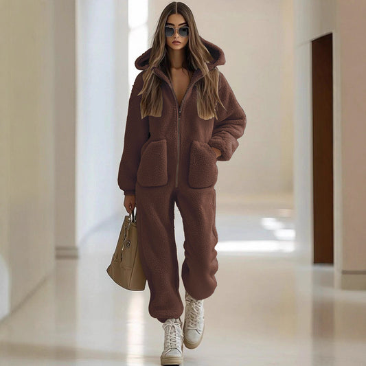 Women's Hooded Pocket Decoration Loose Straight Plush Jumpsuits