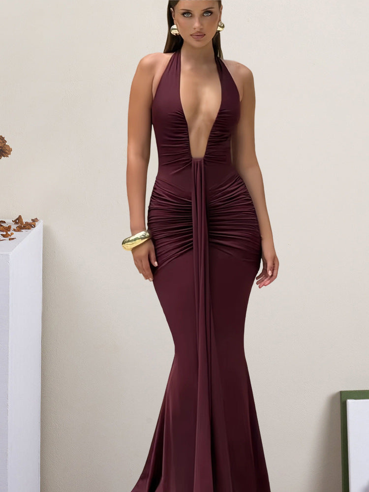 Women's Graceful Fashionable Halter Deep Sleeveless Backless Sexy Solid Color Dresses