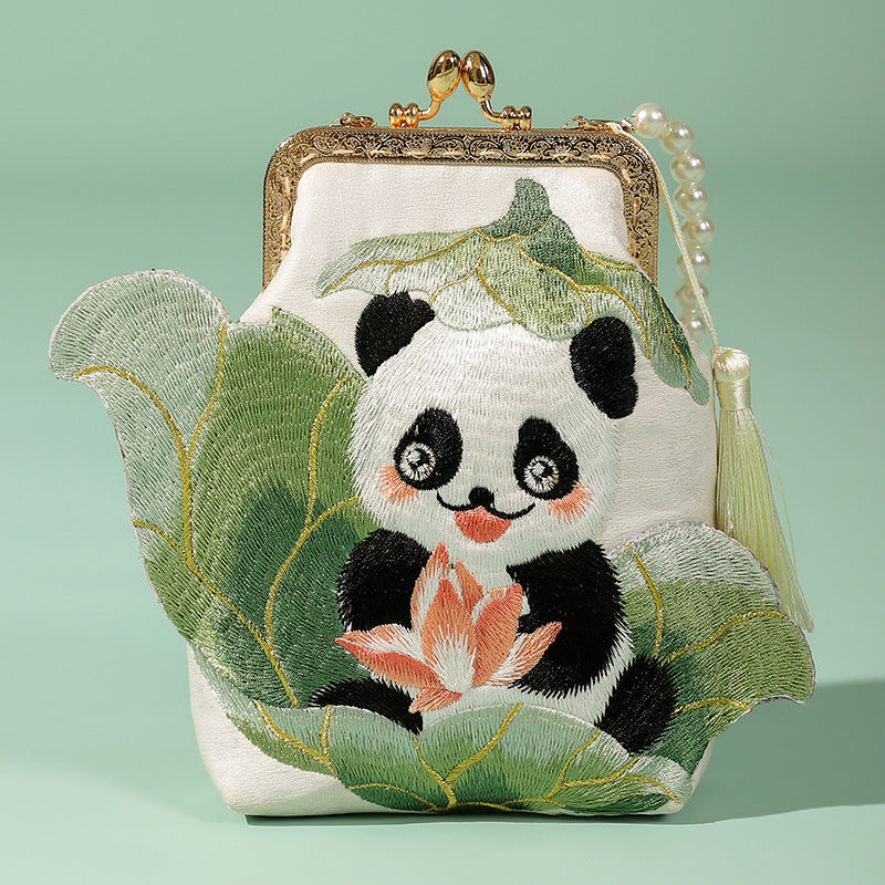 Panda Embroidered Leisure Embroidery Metal Catch Handbags