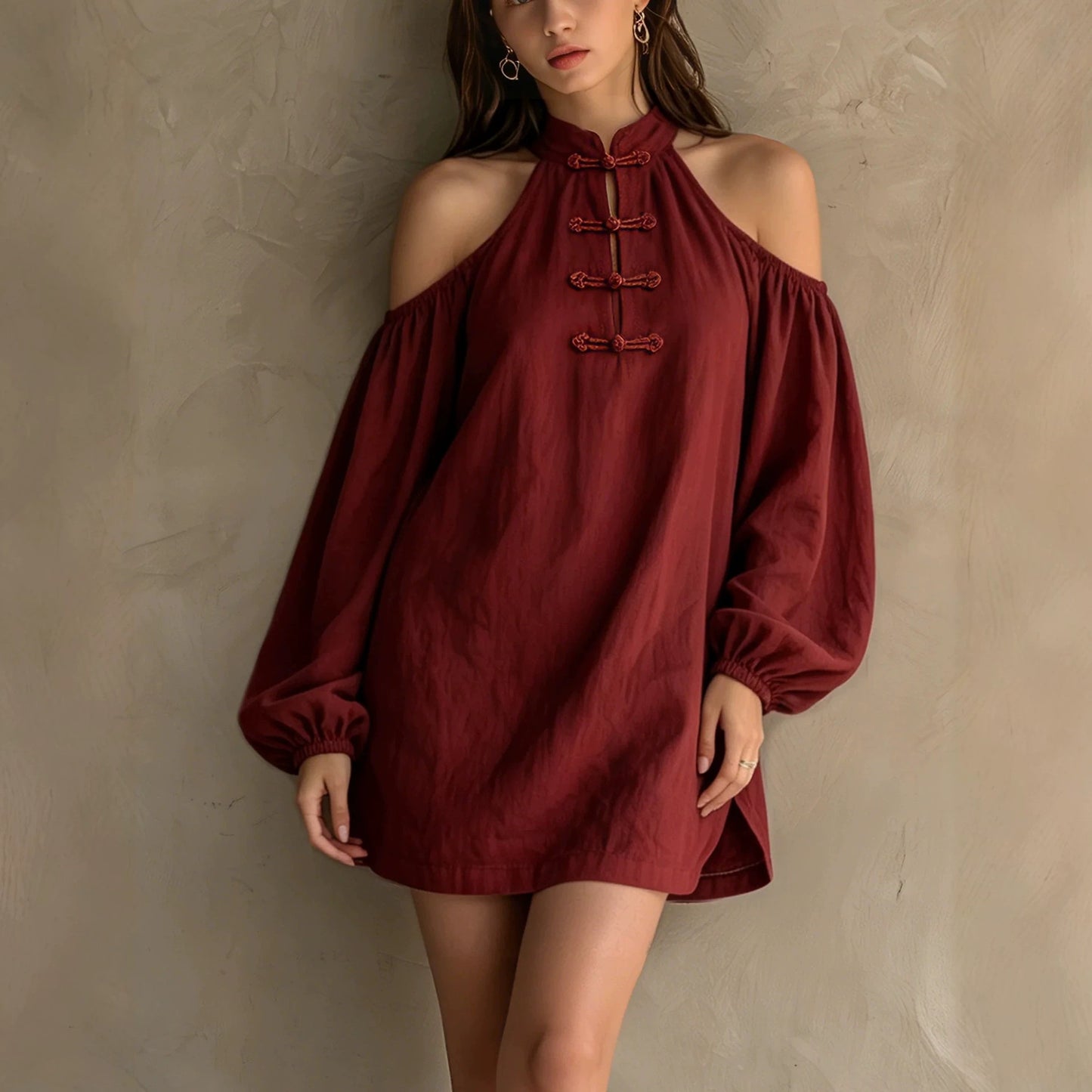 Women's Autumn Show Shoulder Long Sleeve Solid Color Loose Dress