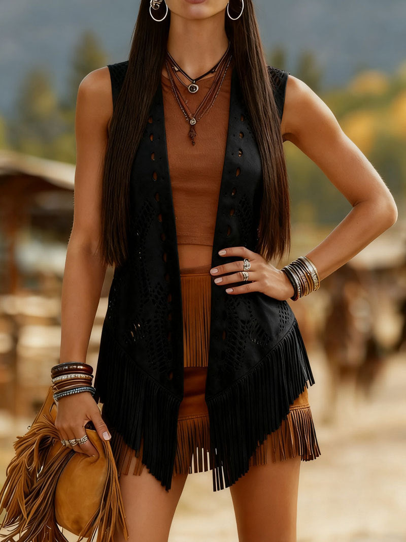 Women's Fashionable Retro Ethnic Style Hollow Tassel Sleeveless Versatile Vests