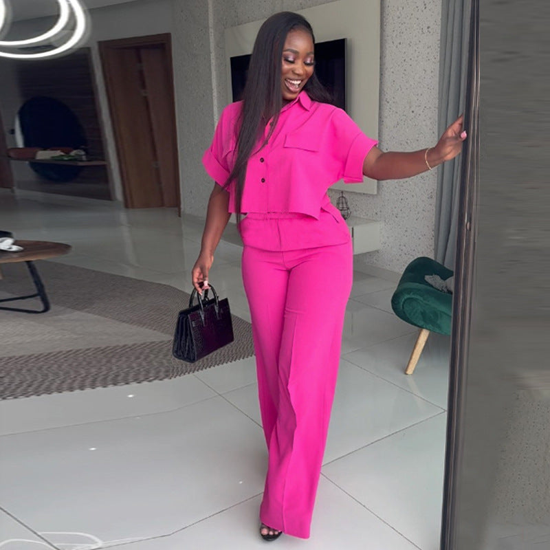 Women's Summer Lapel Sleeve Shirt High Waist Wide Suits