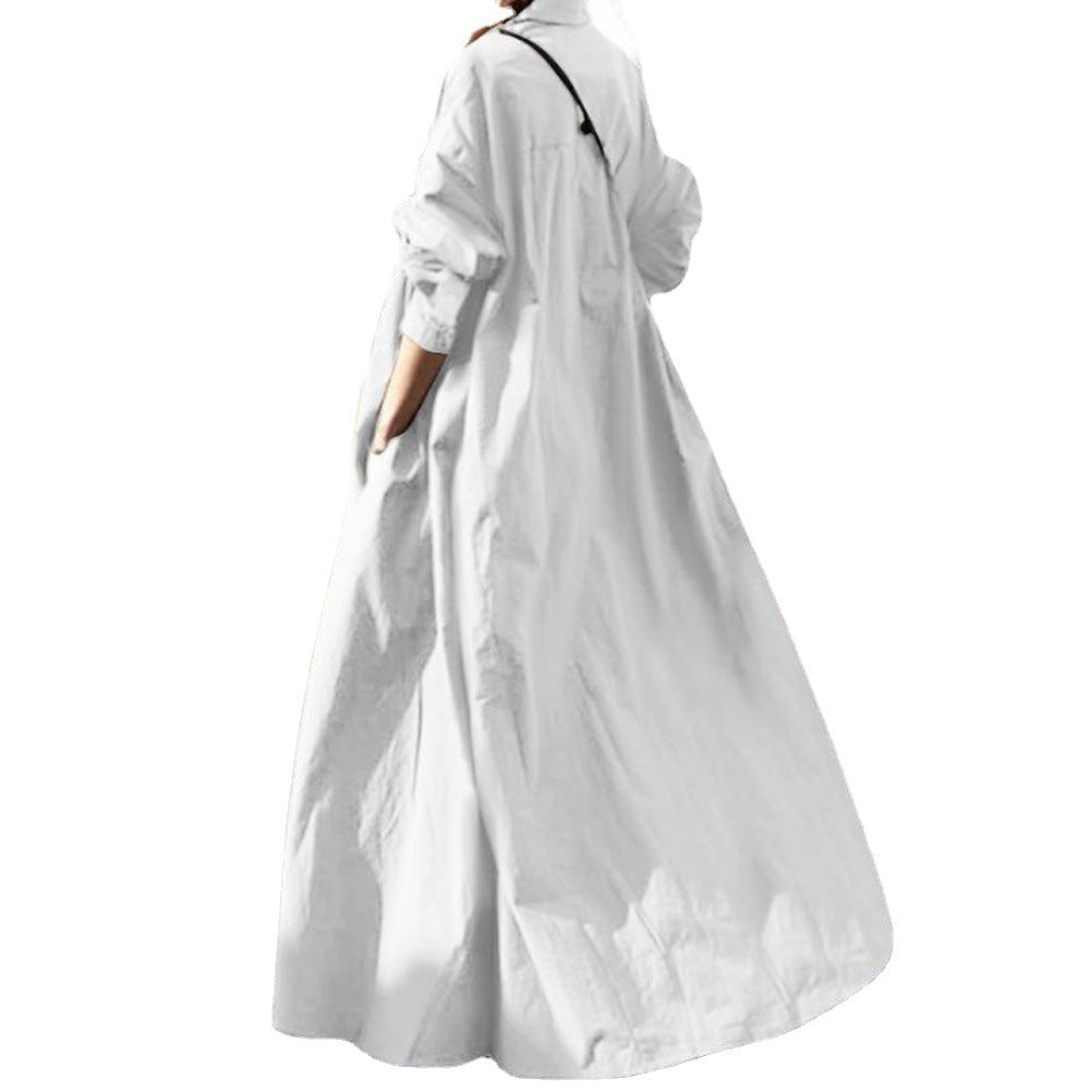 Women's Loose Long Sleeve Big Hem Solid Color Cotton Dress