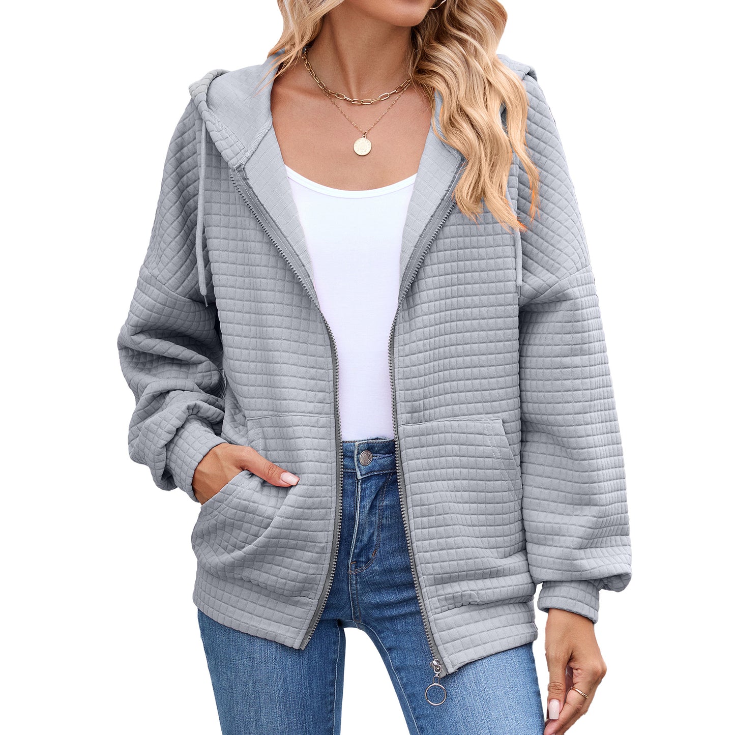 Women's Solid Color Zipper Hooded Pocket Sweatshirt Coats