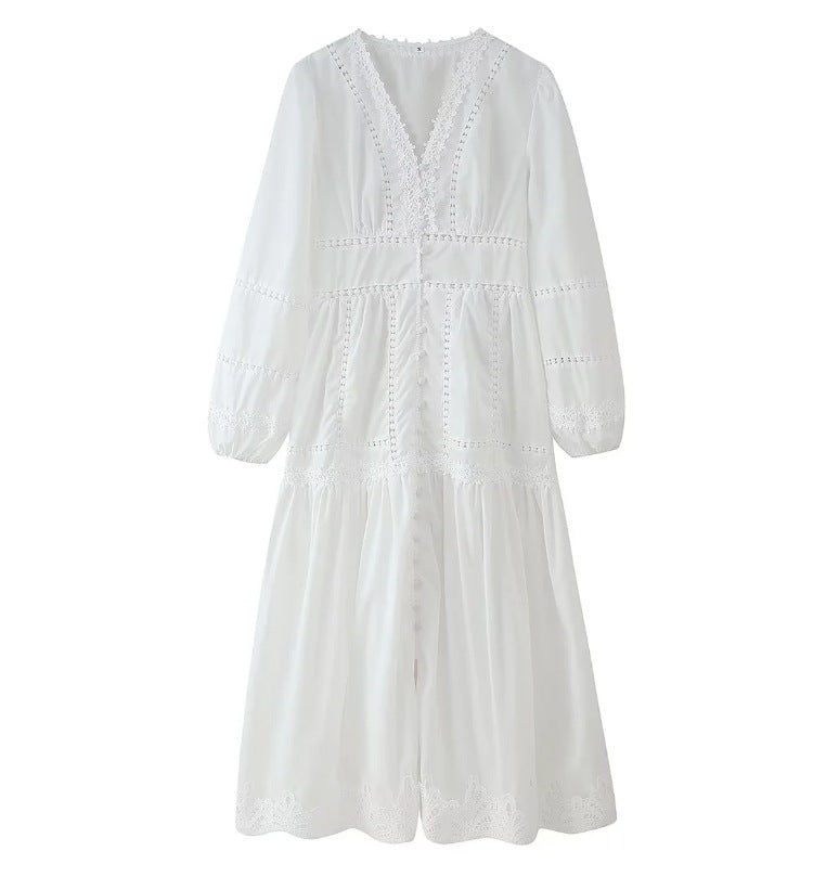 Women's Elegant Stitching Lace Design Long Sleeve Dresses