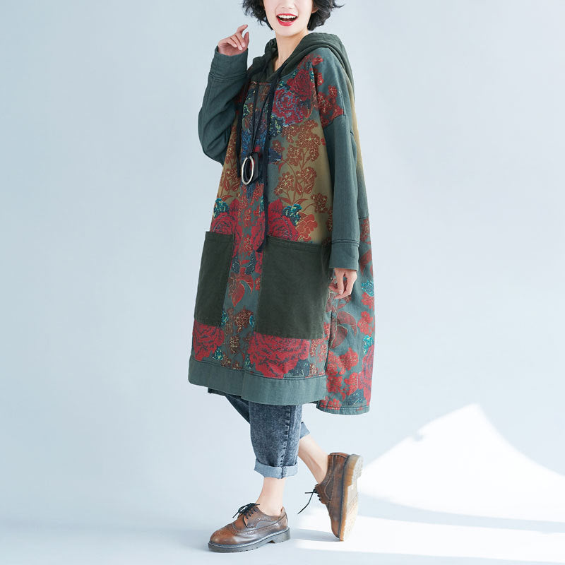 Women's Hooded Mid-length Ethnic Print Retro Distressed Dresses