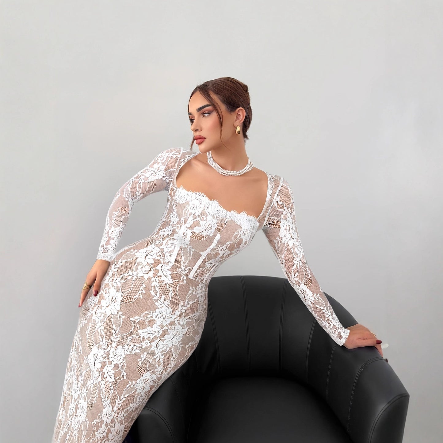 Women's Lace Stitching Back Zipper Slim Fit Slit Dresses