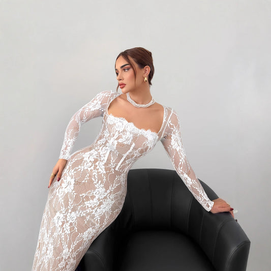 Women's Lace Stitching Back Zipper Slim Fit Slit Dresses