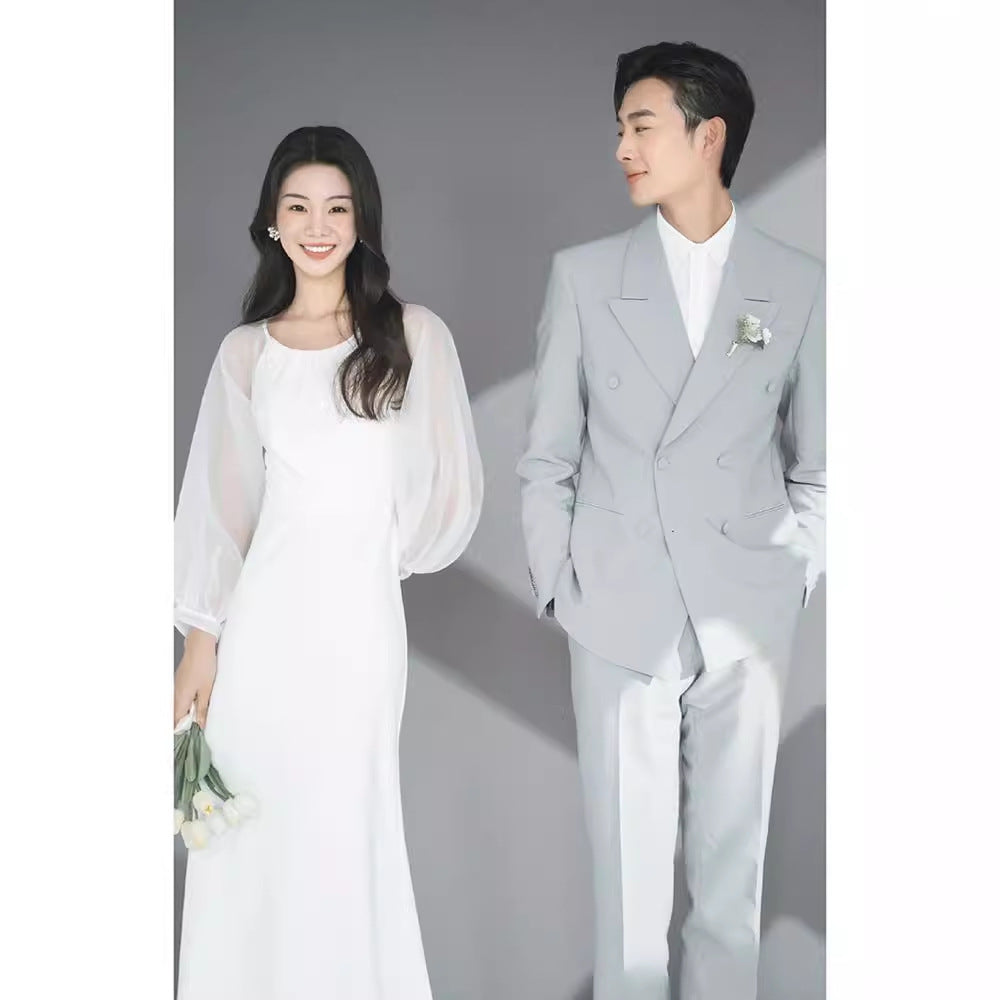 Light Dress White Long Sleeve Satin Gown Bride Wedding Dresses