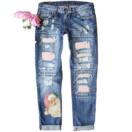 Women's Christmas Style Ripped Print Denim Trousers Jeans