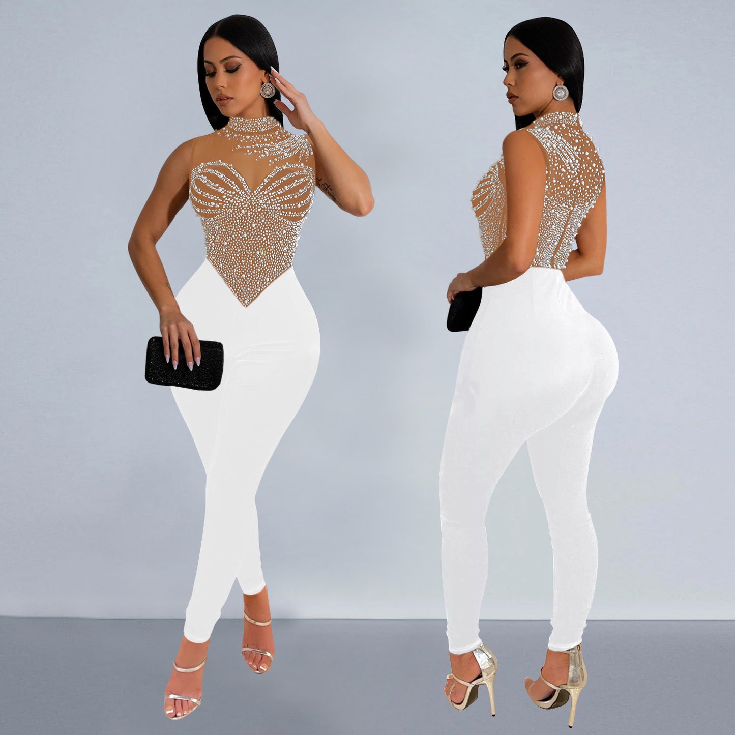 Women's Wear Pure Color Mesh Hot Drilling Jumpsuits