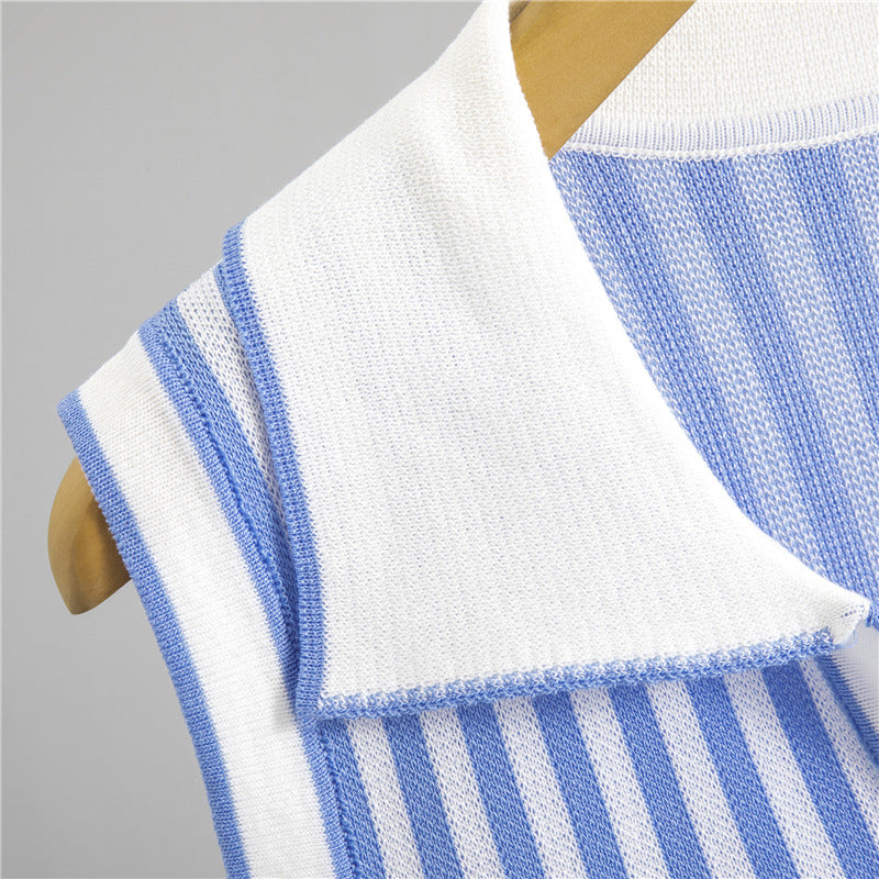 Women's Preppy Style Waist Trimming Slimming Striped Shirt Summer High Suits