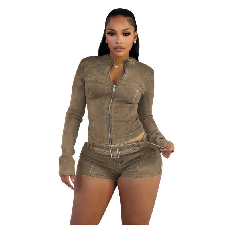 Creative Denim Long Sleeve Stretch Belt Suits