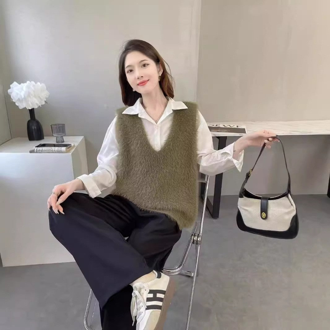 Women's Knitted Solid Color Pullover Sleeveless Fashionable Women's Vest