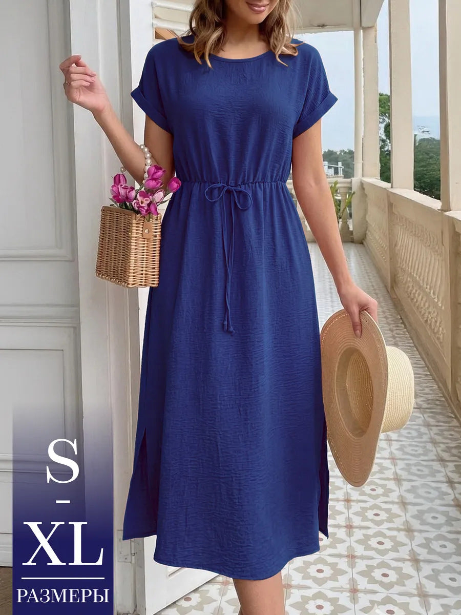 Women's Summer Casual Round Neck Loose Waist Trimming Short-sleeved Dress