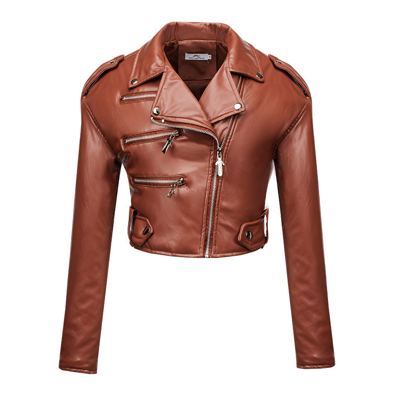 Women's Leather Long-sleeved Lapel Oblique Zipper Motorcycle Jackets
