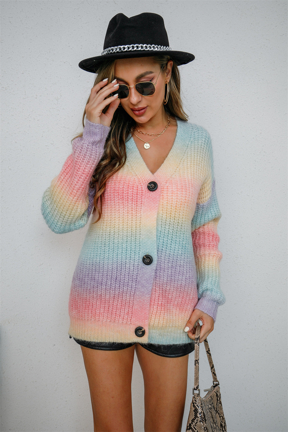 Women's Gradient Dyed Rainbow Large Button Knitted Sweaters