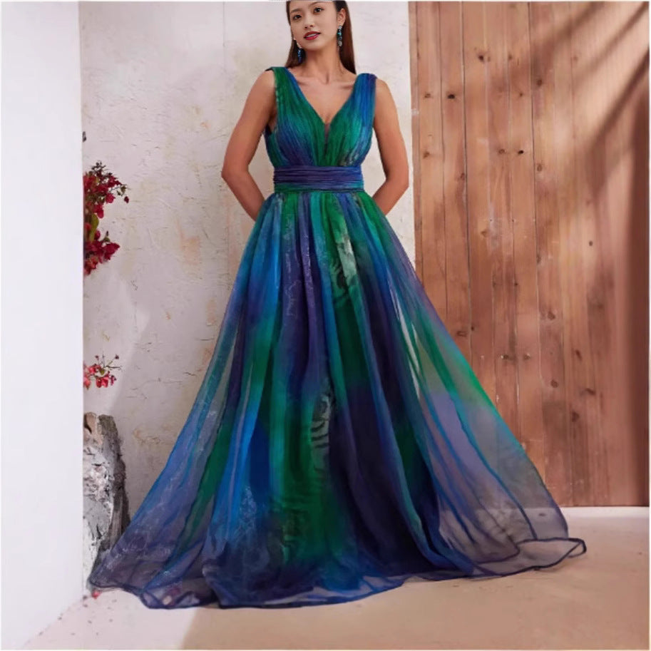 Women's Summer Deep Backless Printed Chiffon Big Dresses