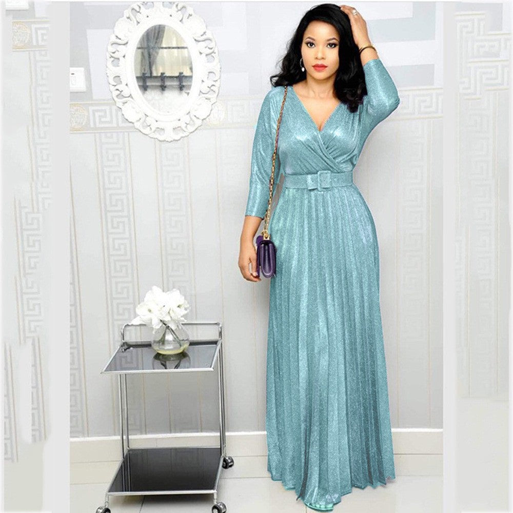 Women's African Wear Fashion Long Sleeve Bronzing Pleated Skirts