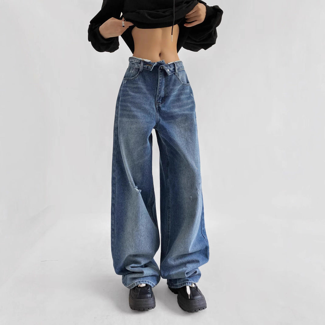 Relaxed Personality Worn Asymmetric Back Pocket Wide Jeans