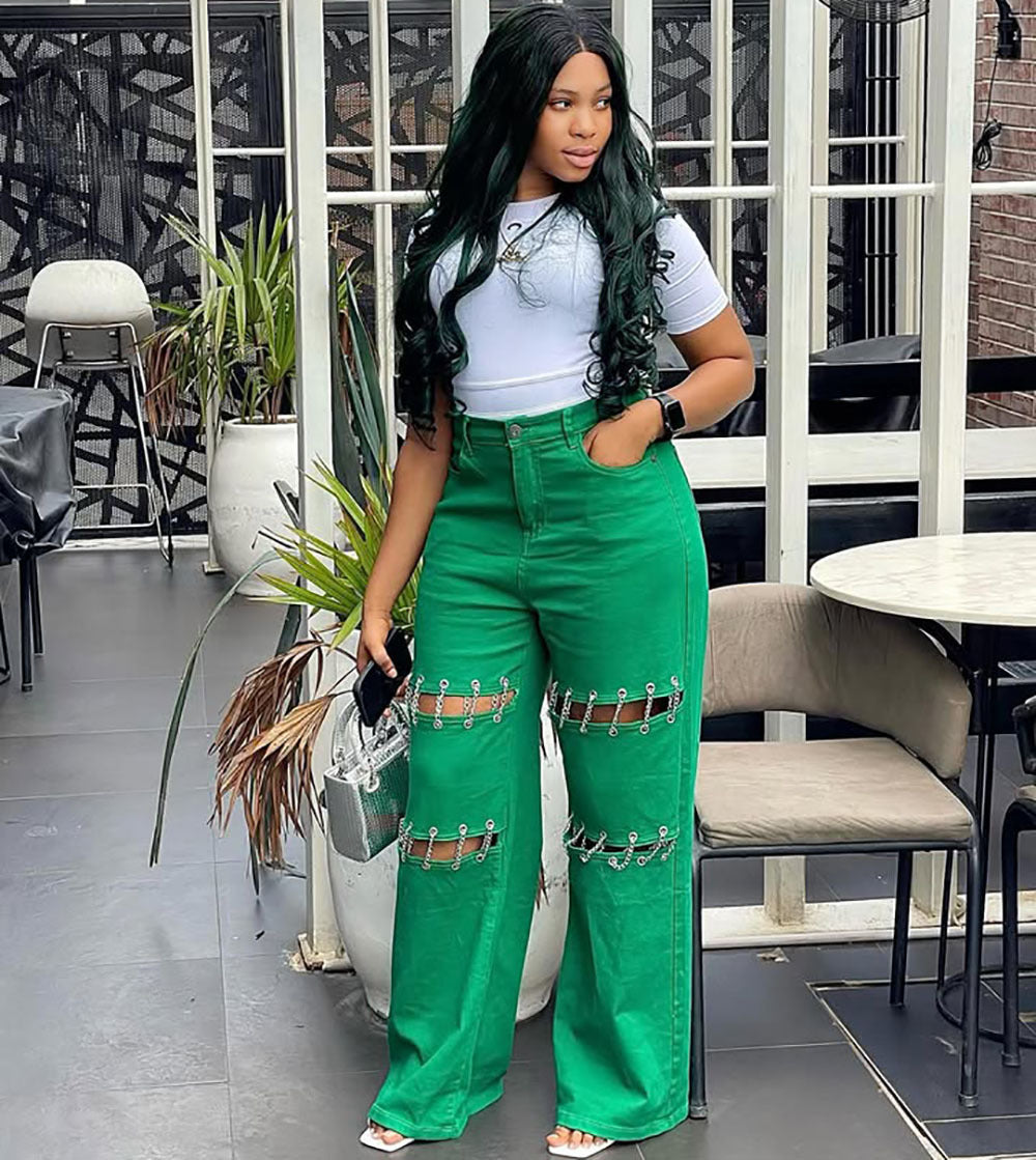 Women's Waist Stitching Casual Hole Nail Chain Jeans