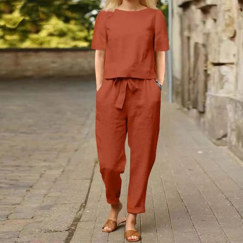Women's Linen Summer Matching Half Sleeve Oversized Wide Leg Retro Two-piece Fashion Casual Suit