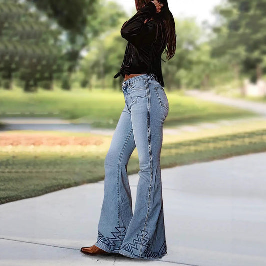 Elegant Creative Versatile Embroidered Denim Bell-bottom Jeans