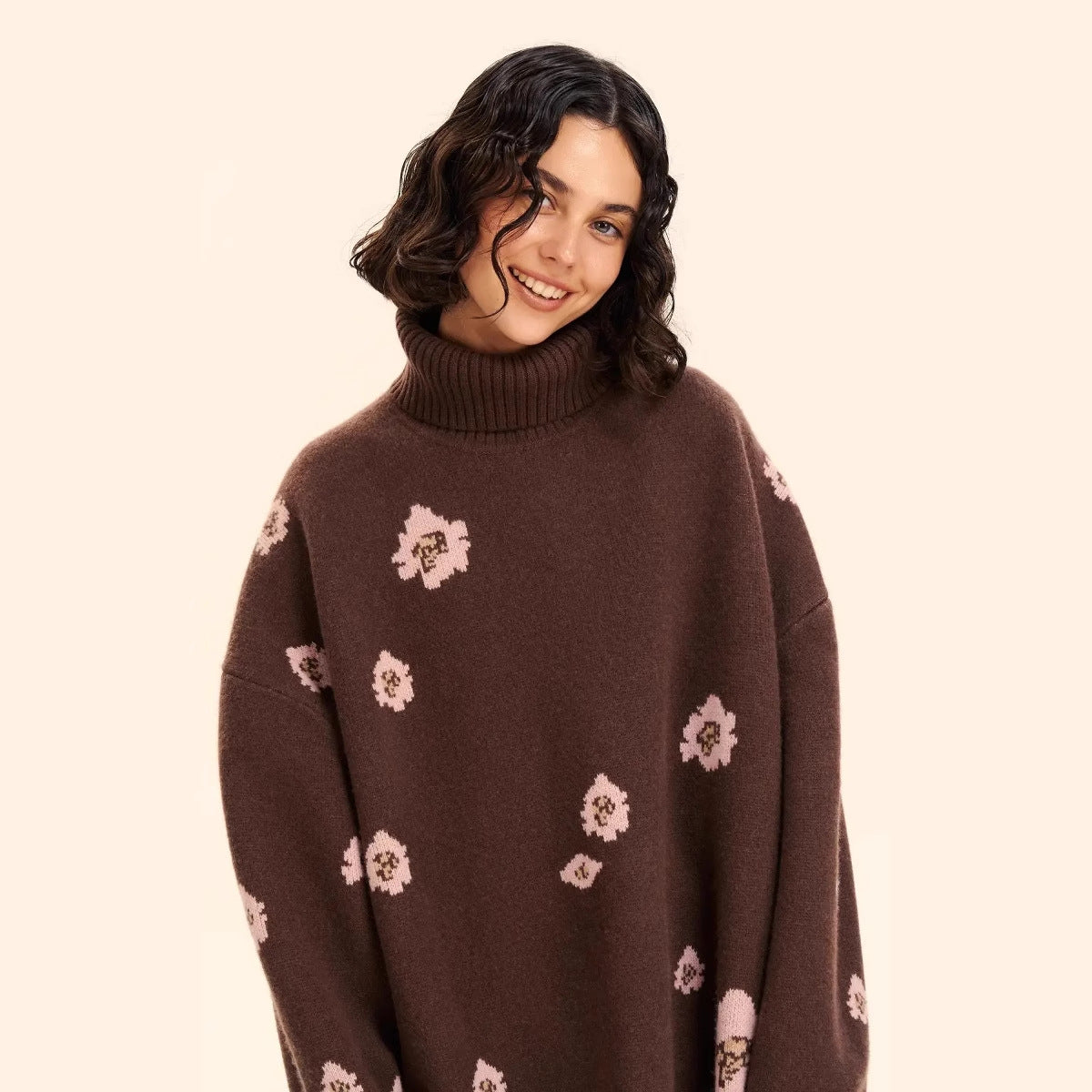 Russian Knitted Flower Jacquard Turtleneck Loose Sweaters