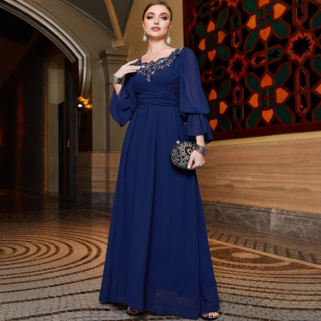 Navy Blue Chiffon Stitching Lace Collar Dresses