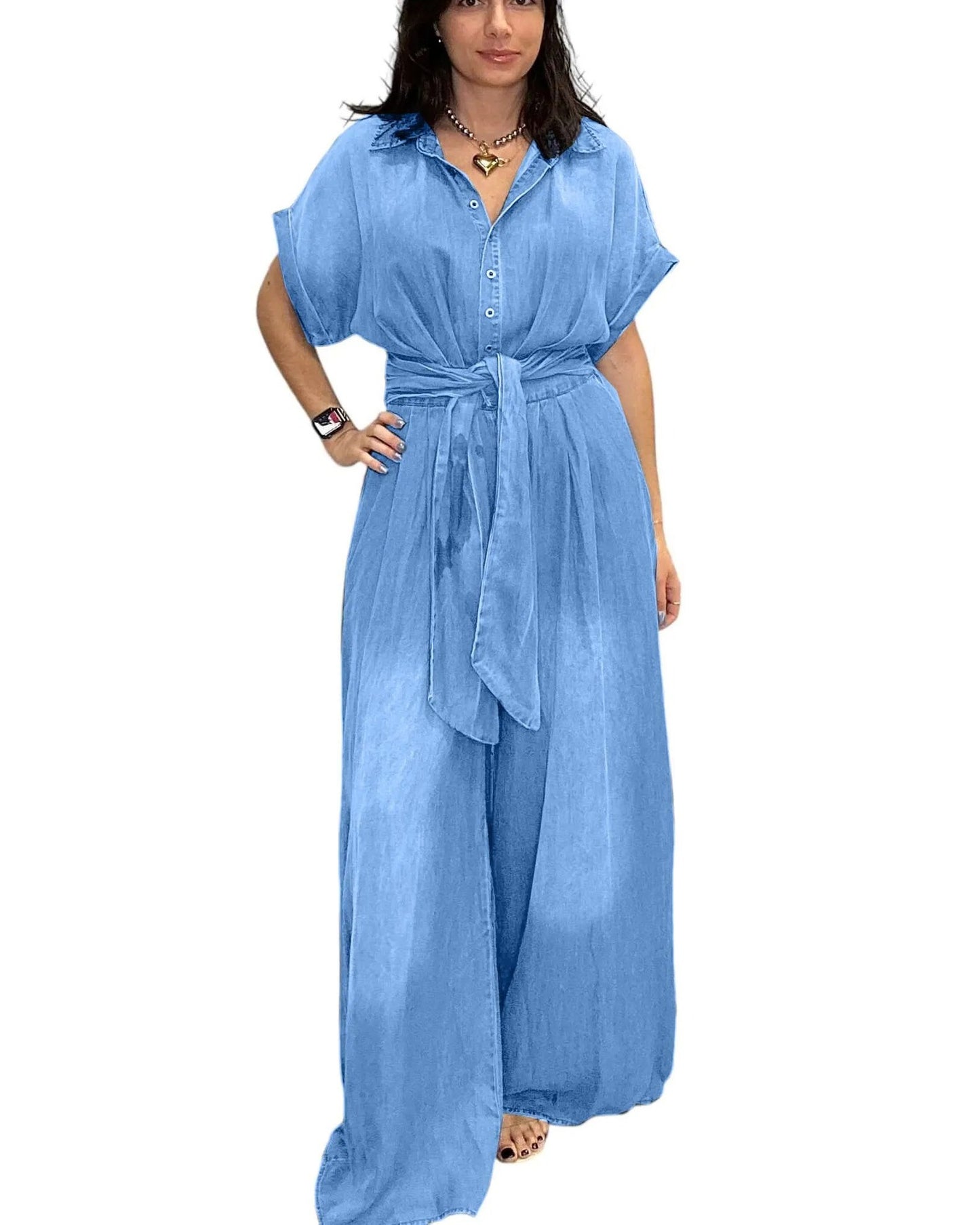 Women's Polo Collar Breasted Sleeve Loose Wide Shorts