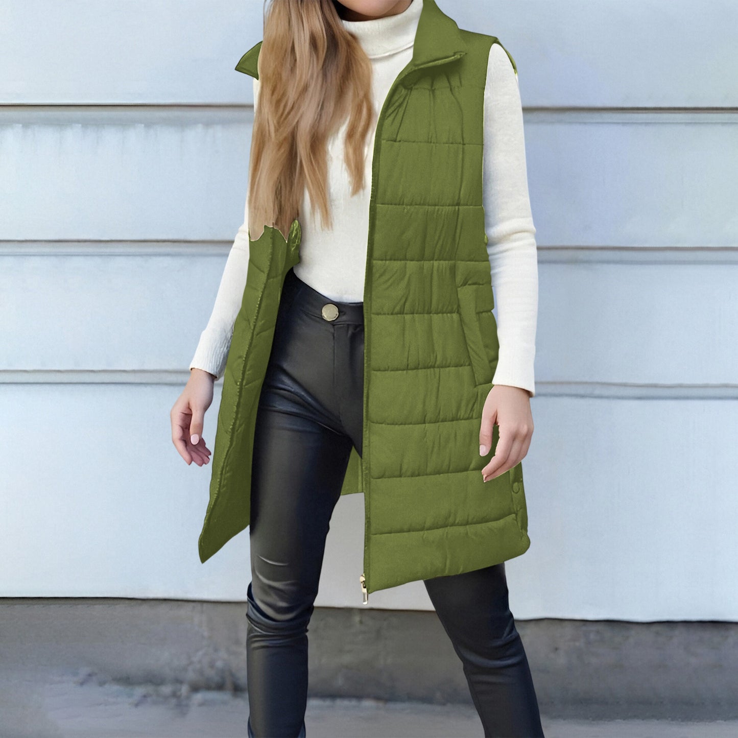 Women's Solid Color Zipper Pocket Cotton Mid-length Coats