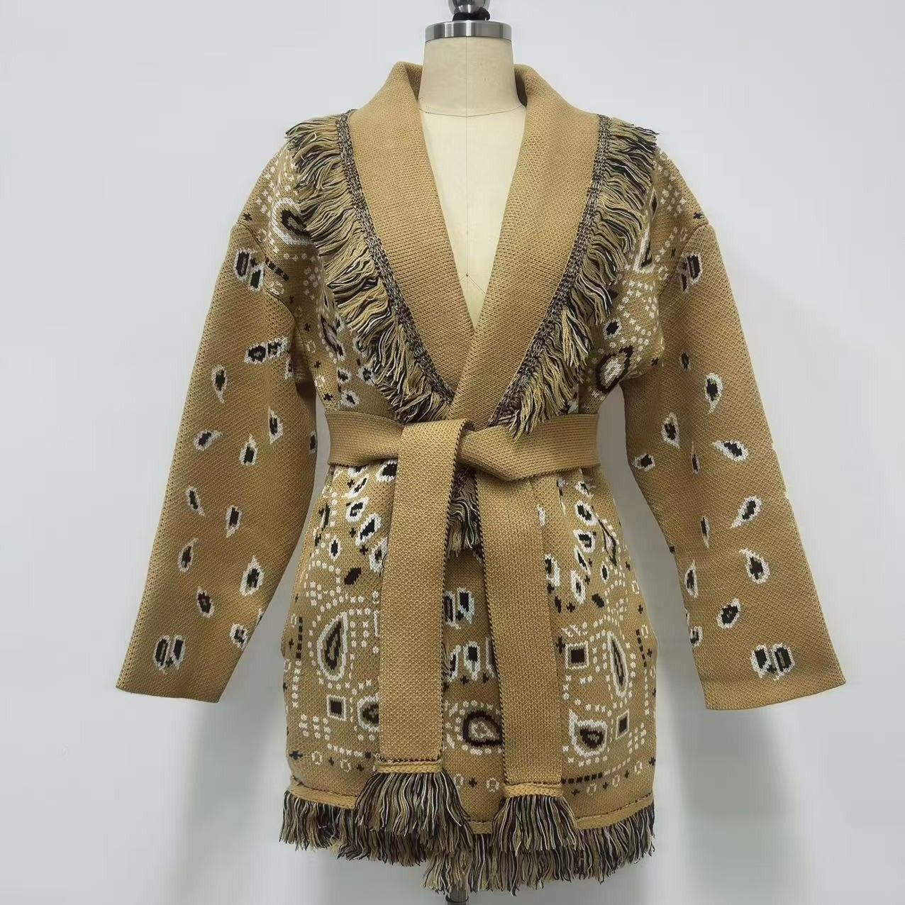Women's Thick Tassel Jacquard Mid-length Loose Color Matching Sweaters