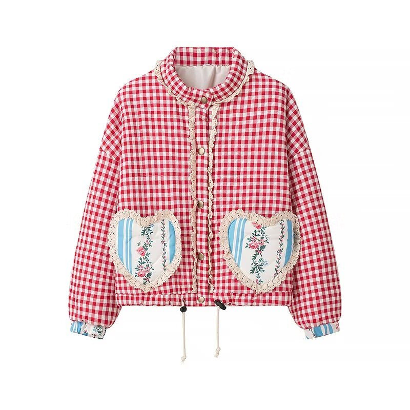 Women's Autumn Fashion Casual Plaid Love Lace Trim Coats
