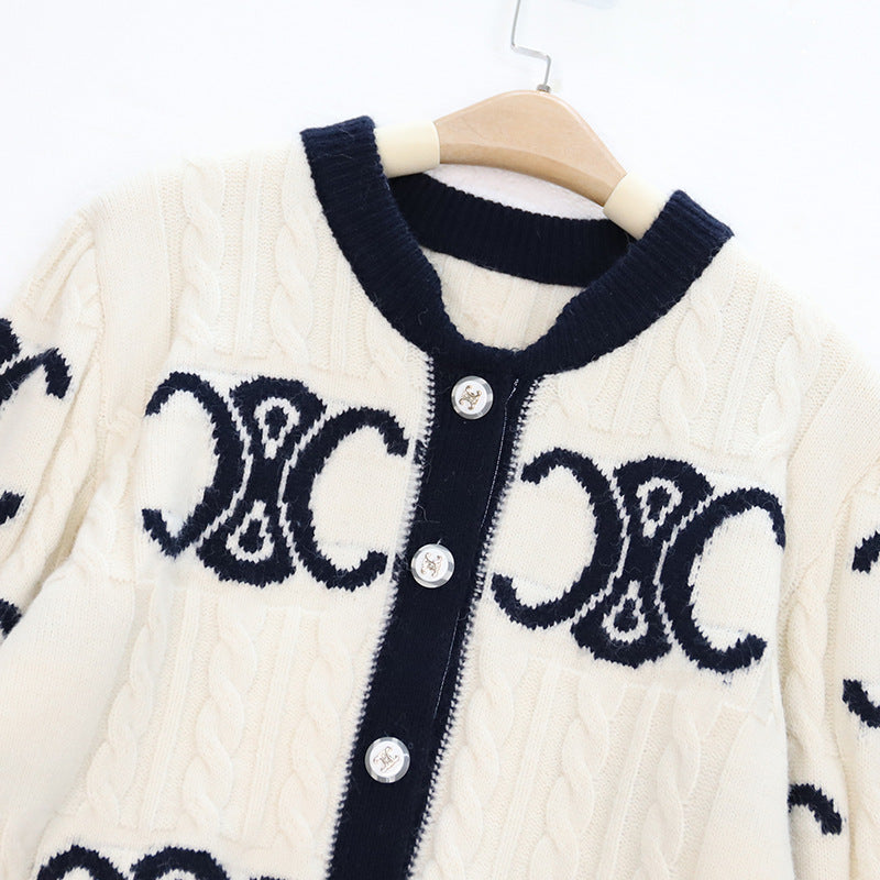 Style Knitted Letter Jacquard Contrast Color Round Neck Long Sweaters