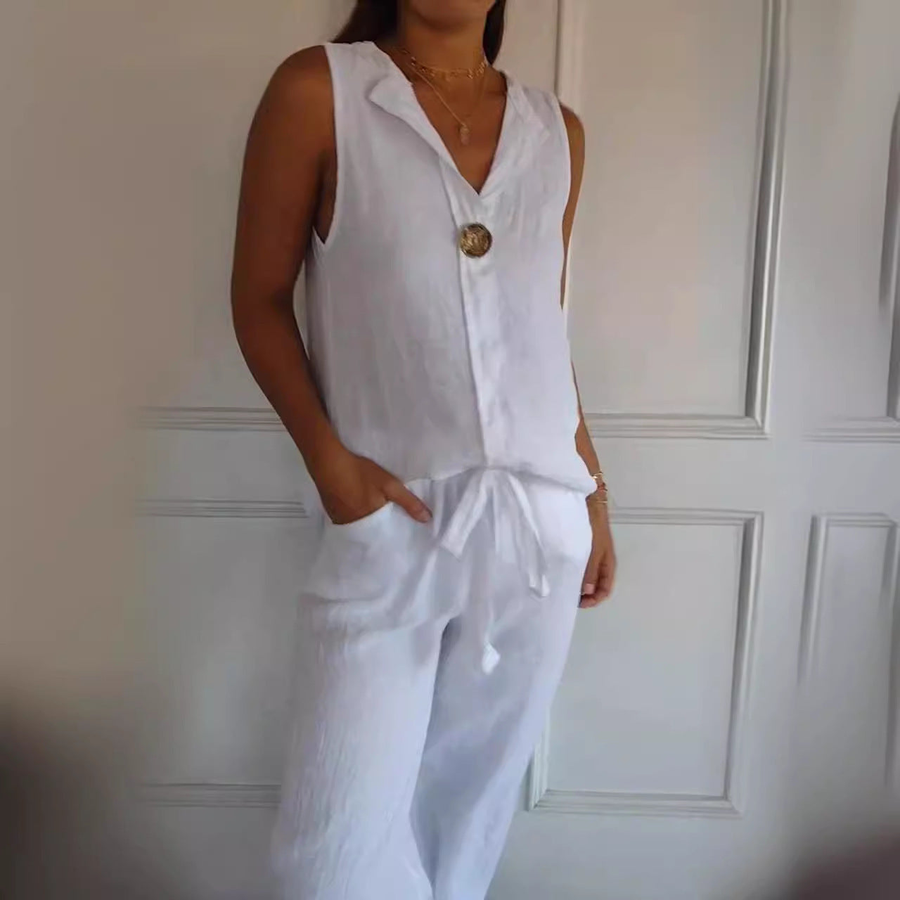 Women's Fake Collar Cotton Linen Sleeveless Casual Women's T-shirt
