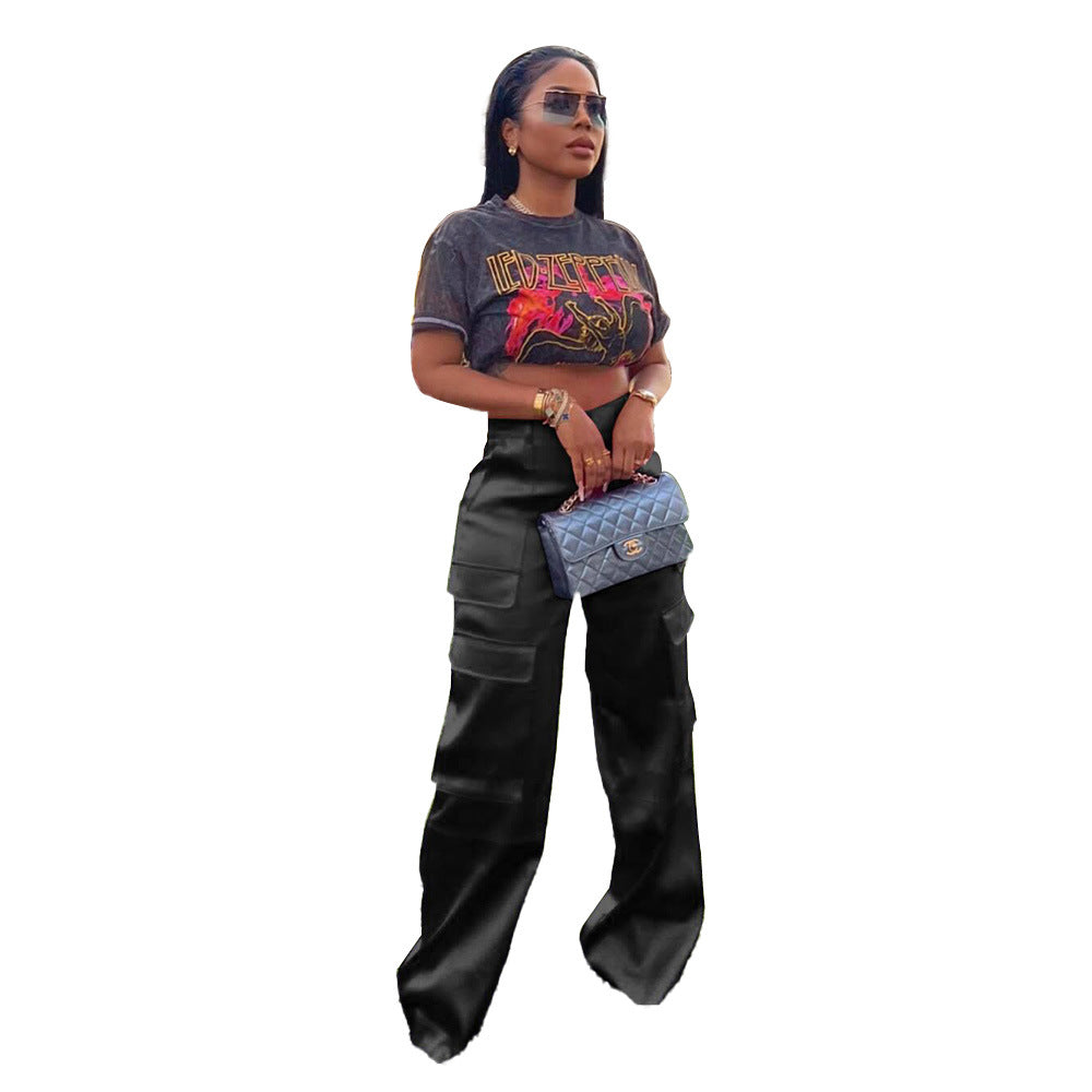 Casual Zipper Solid Color Loose Zip Pants