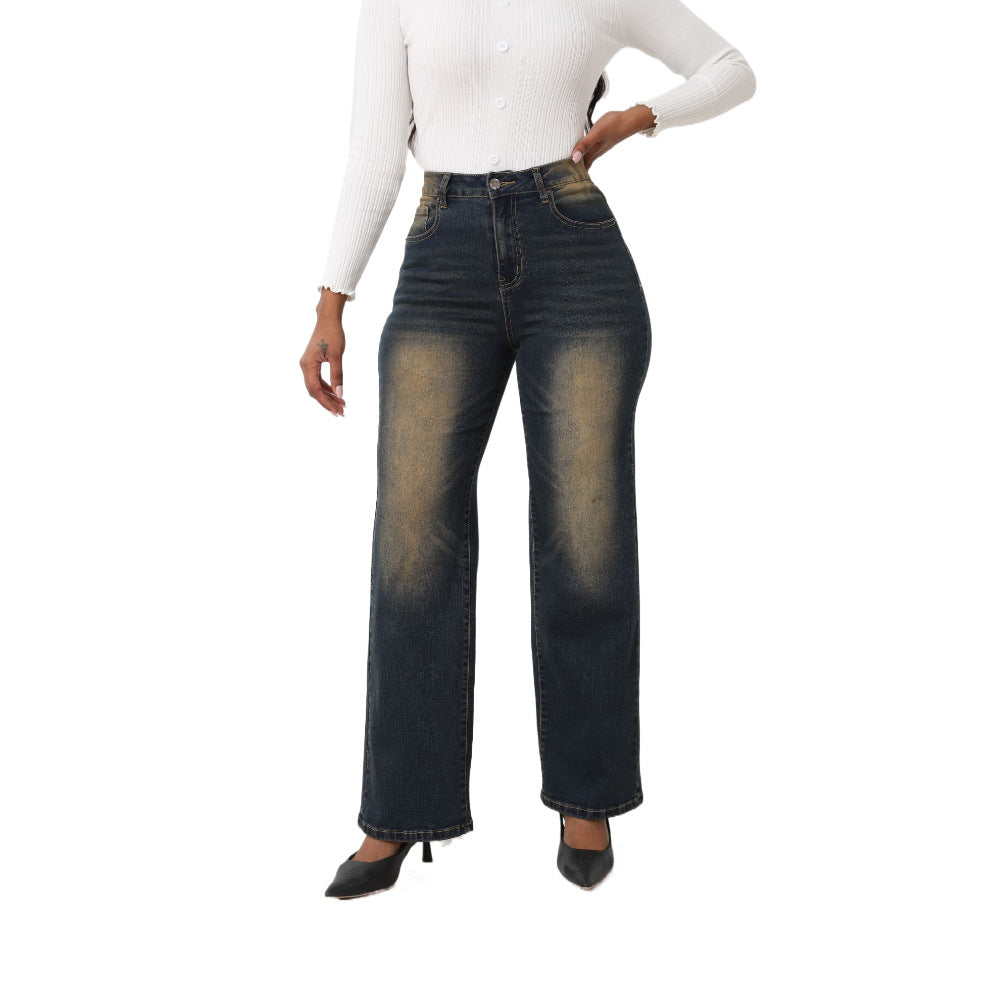 Women's Denim High Elastic Trousers Retro Straight Jeans