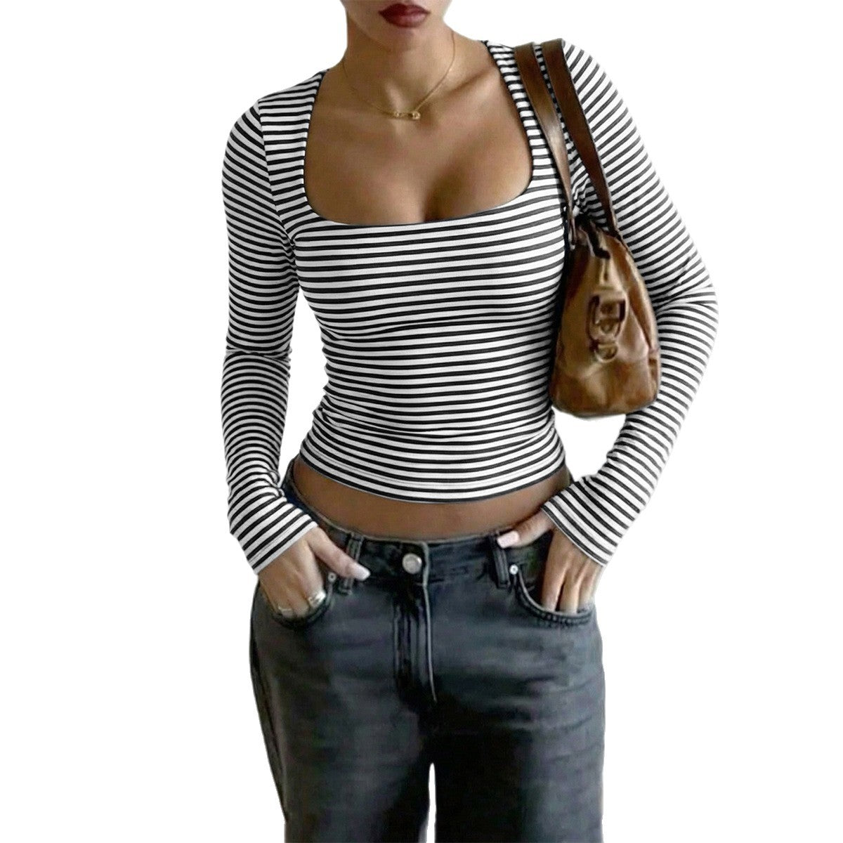 Women's American Retro Style Square Collar Striped Tops
