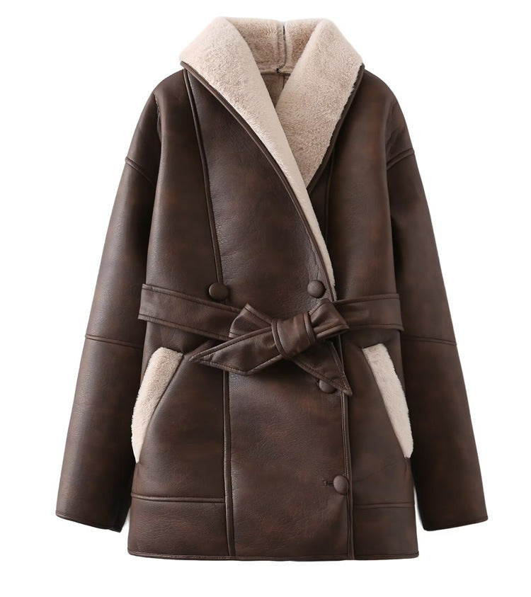 Women's Spring Two-tone Waistband Fur Leather Overcoat Clothing