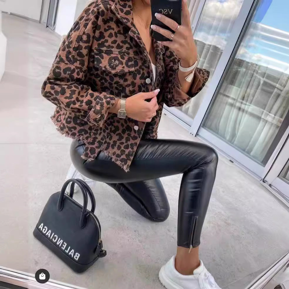 Women's Denim Leopard Print Long Sleeve Loose Jackets