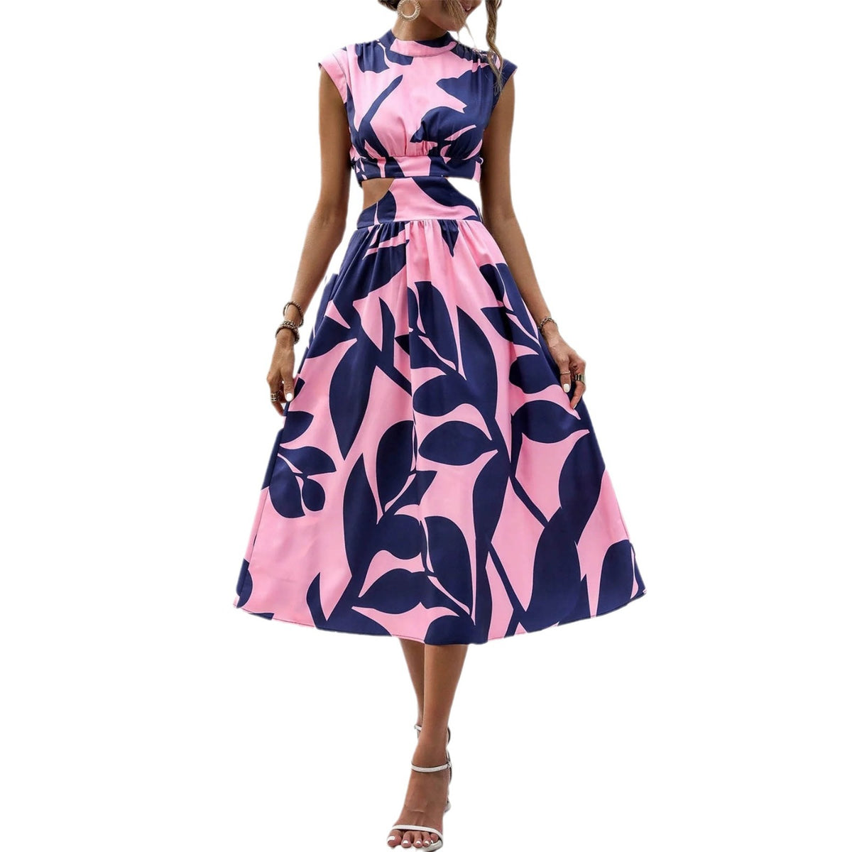 Women's Summer Round Neck Sleeve High Waist Plant Floral Print Dress