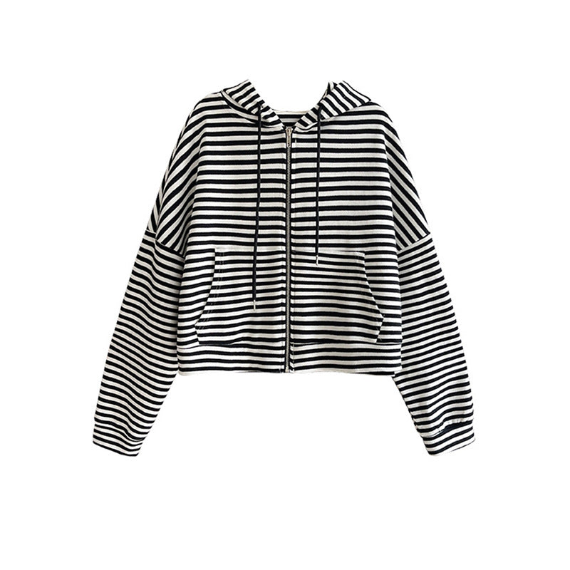 Women's Style Vintage Stripe Hoodie Casual Zipper Tops