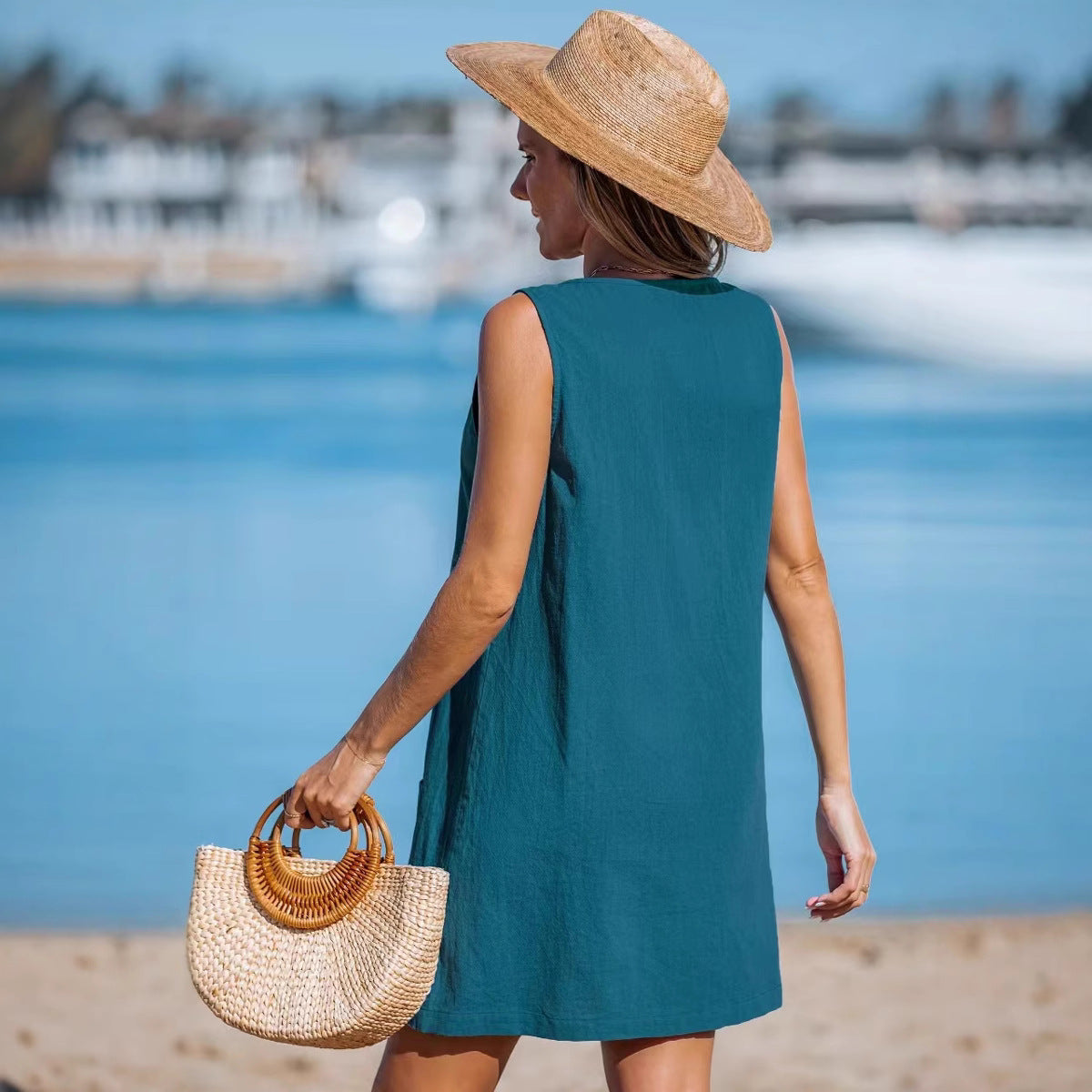 Pocket Button Beach Vacation Style Loose Dress