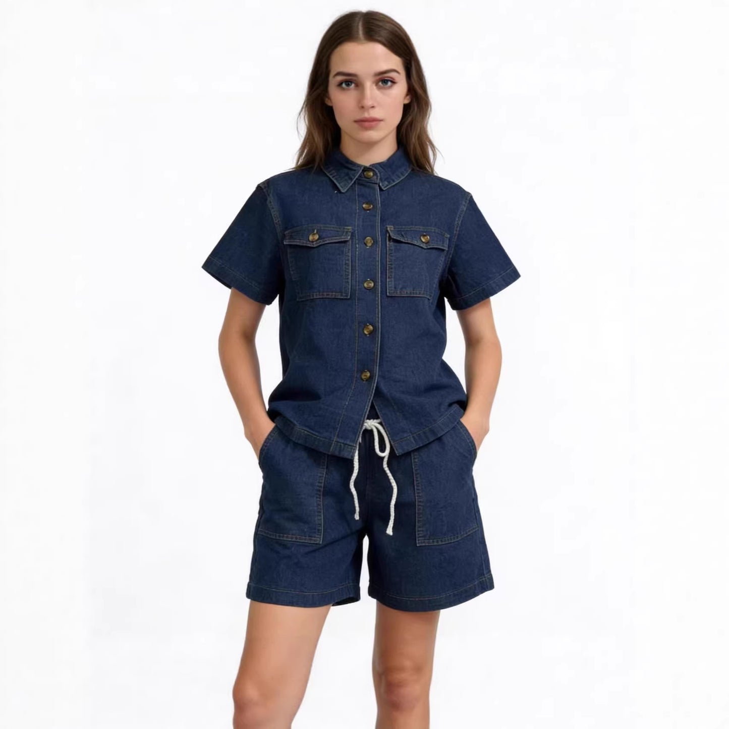 Women's Casual Polo Collar Elastic Waist With Pocket Suits