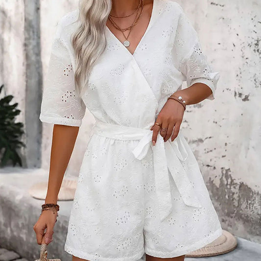 Women's Hollow Embroidered Waist Cotton Solid Color Jumpsuits